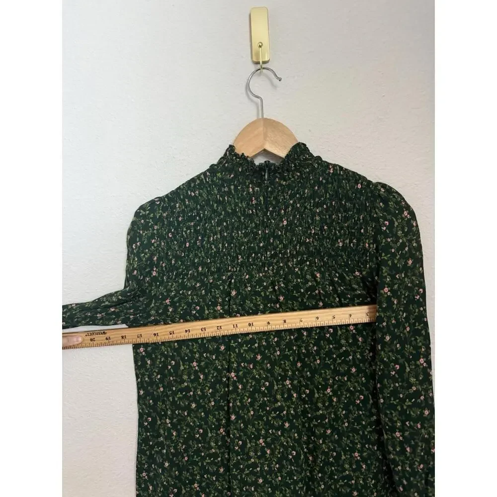 Reformation Brandi Green Floral Long Sleeve Smocked Mock Neck Mini Dress Size S - Picture 8 of 8